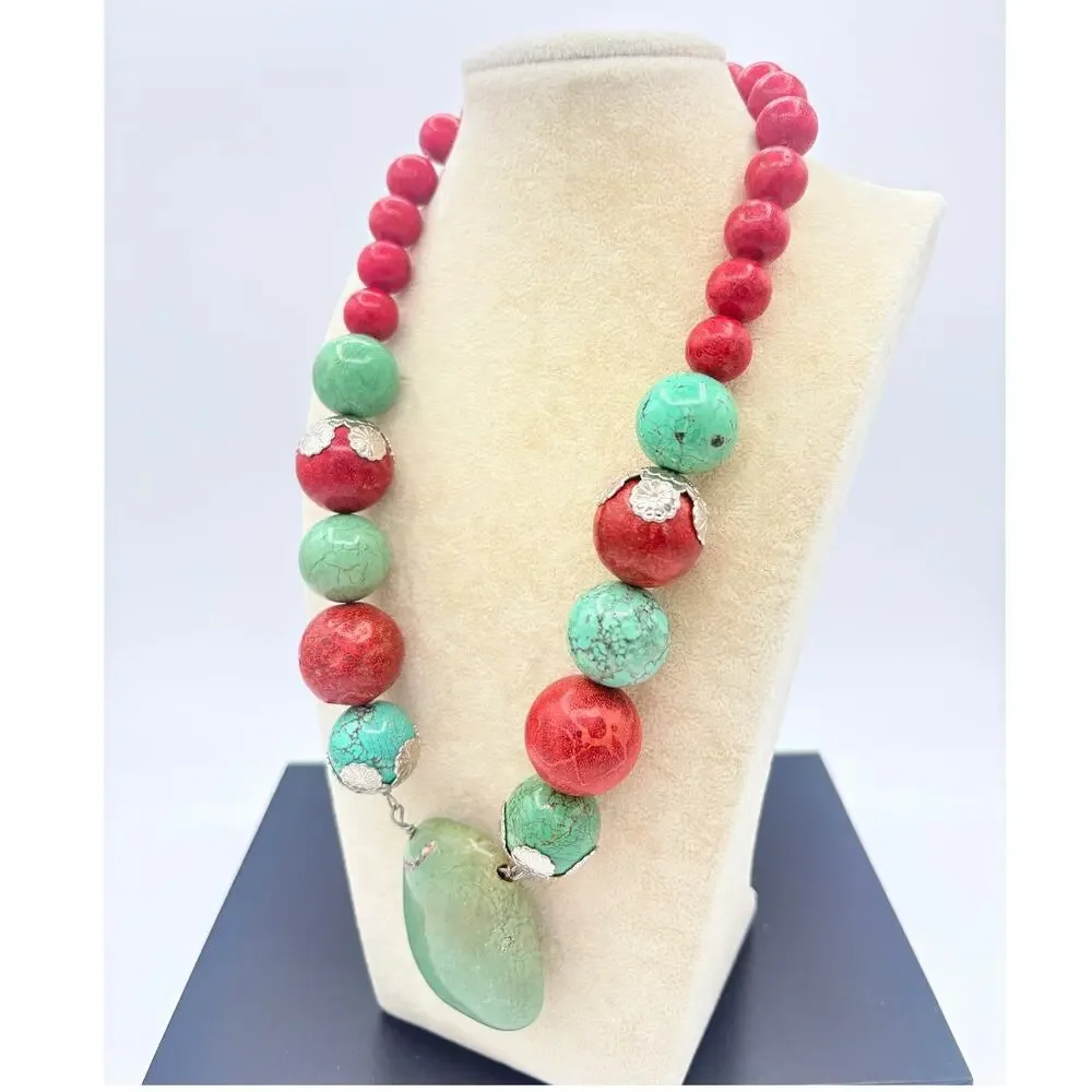 Chunky Coral & Turquoise Color Statement Necklace w Large Green Stone Pendant